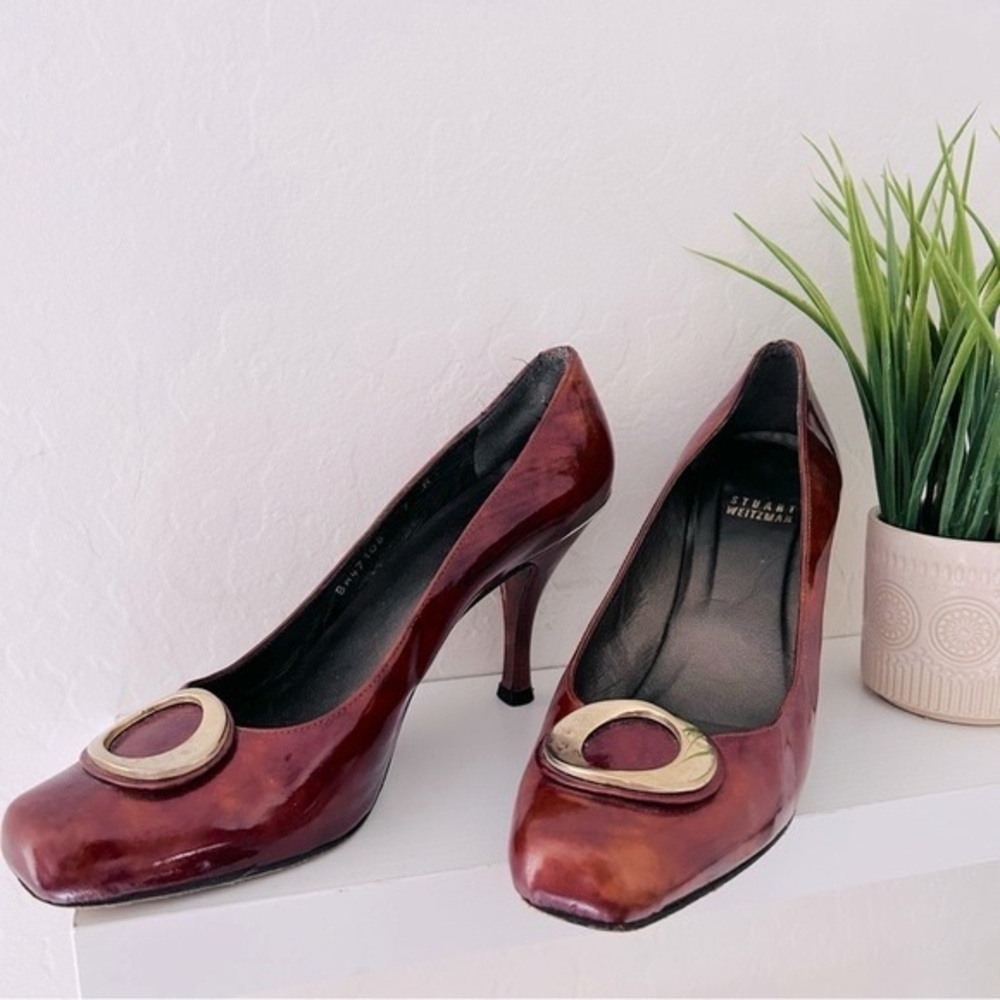 Stuart Weitzman Burgundy Patent Leather Heels with Gold Accent Oval Buckle